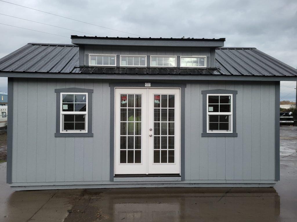 gray premier shed with black trim