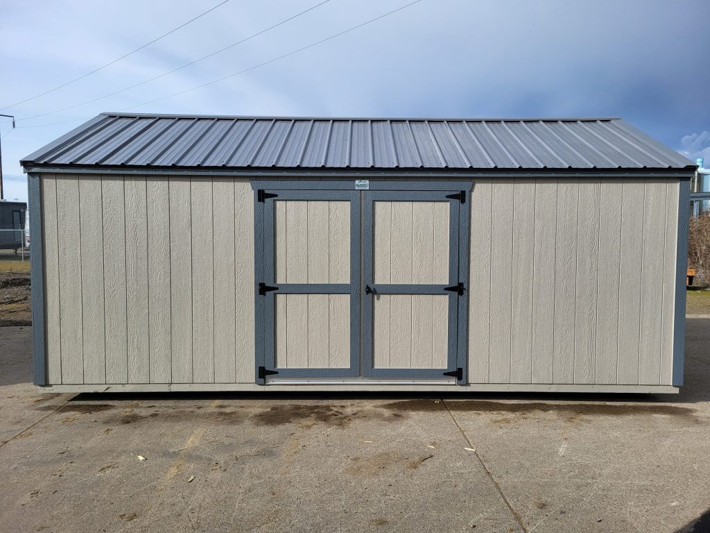A 10x20 Utility Shed with a black door.